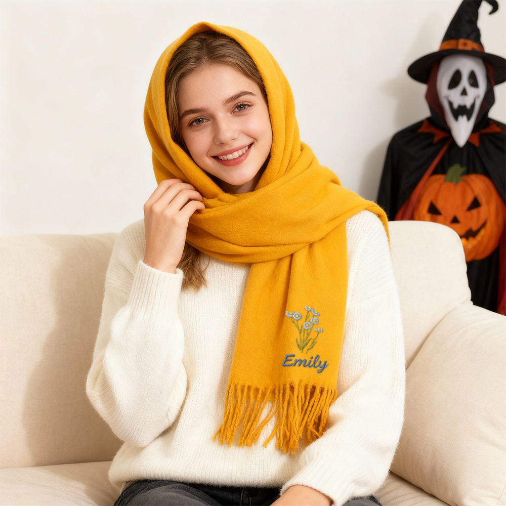 Op maat gemaakte sjaal met geborduurde verjaardagsbloem Uniek cadeau voor verjaardag