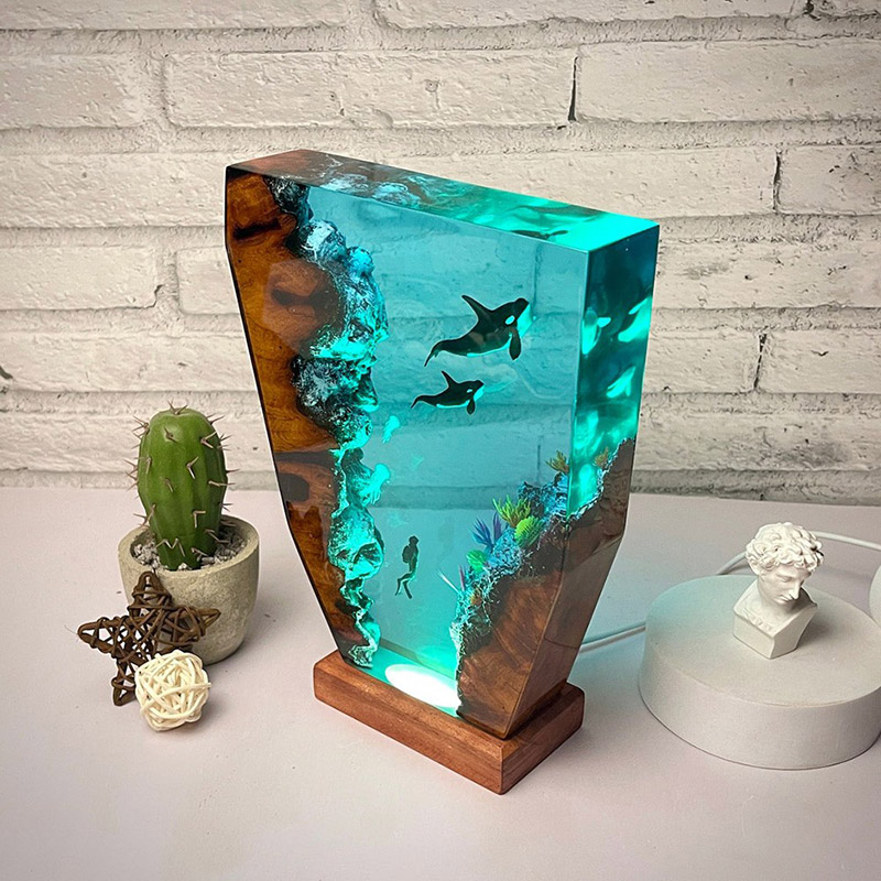 シャチ 子シャチ クラゲ親子 樹脂 ウッド デスク ランプ プレゼント