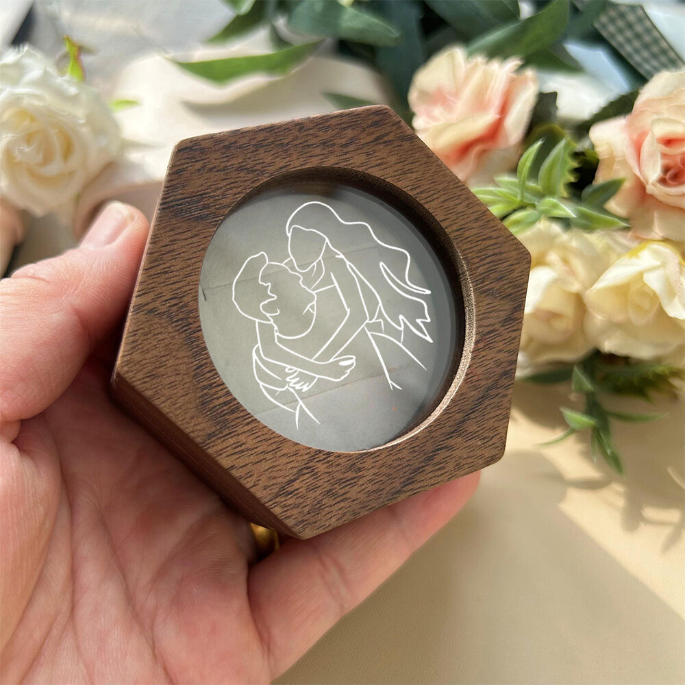 Personalized Walnut Ring Box Hexagonal Acrylic Window Vintage Jewelry Box for Marriage Proposal