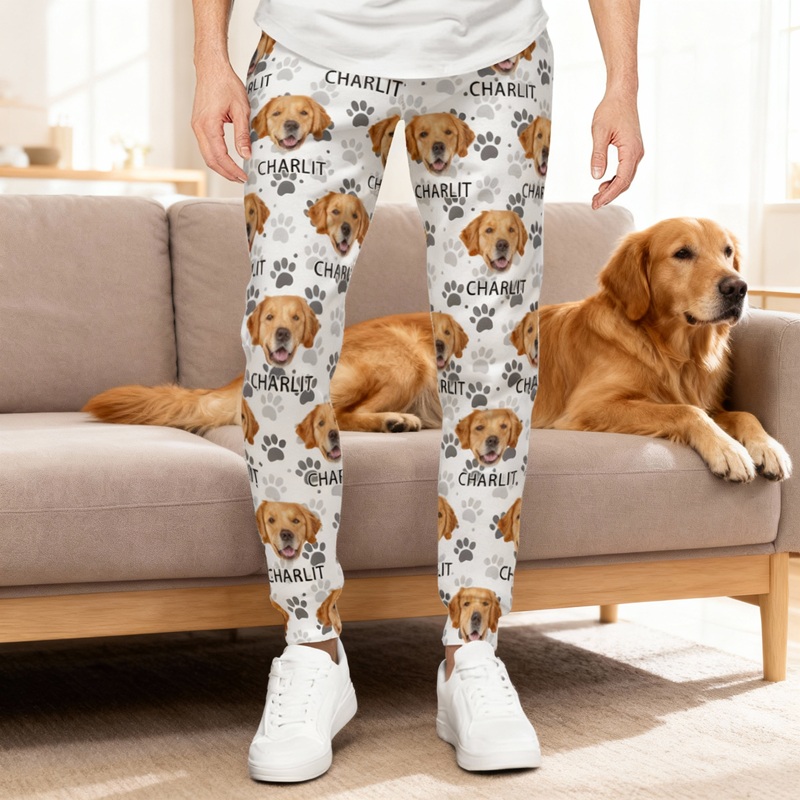 Pantalón deportivo unisex personalizado con diseño de huellas de mascotas y foto de mascota. Regalo ideal para amantes de los animales.