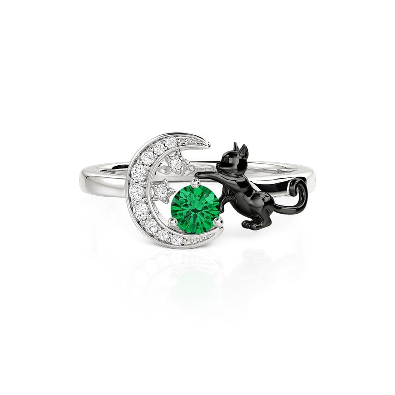 Jeulia Custom Black Cat Moon and Star Ring With Birthstone