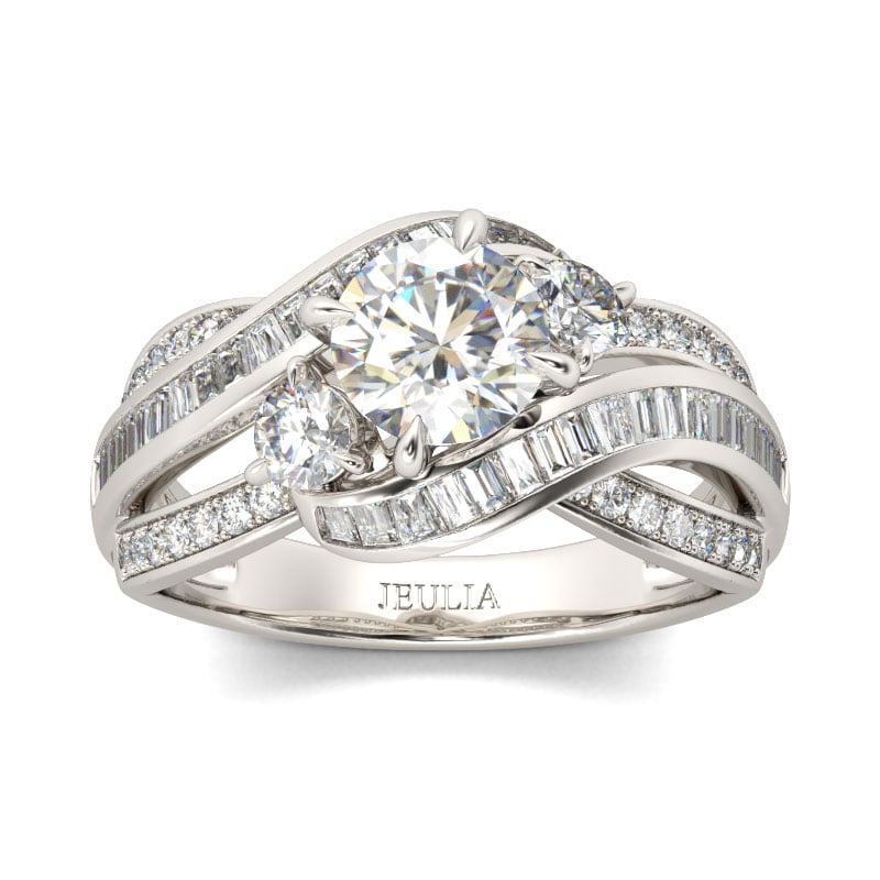 Bypass Three Stone Round Cut Engagement Rings in Sterling Silver