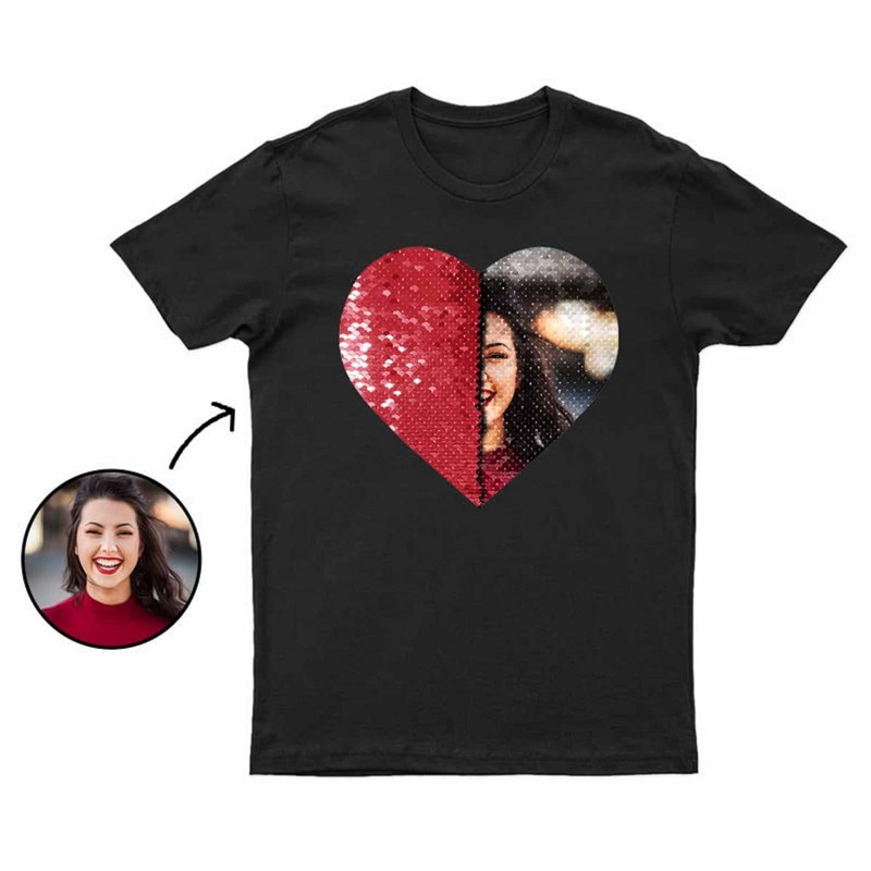 Personalized T-shirt Heart Shaped Sequin with Custom Photo Design Creative Gift for Couples