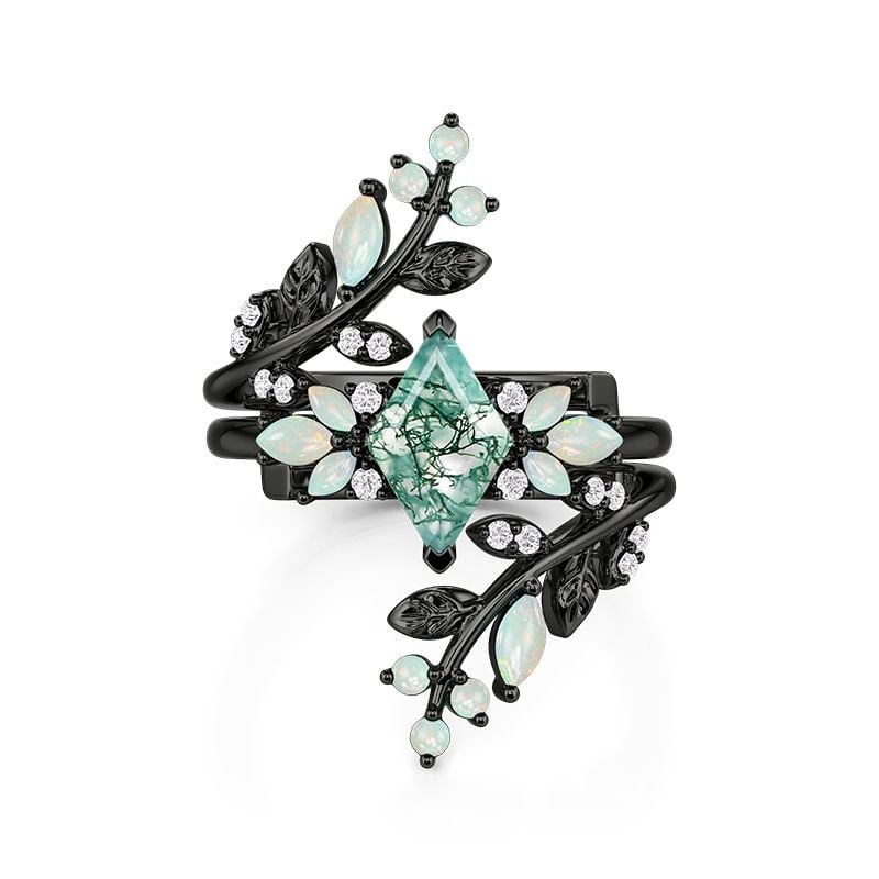 Jeulia Leaf Bypass Rhombus Cut Moss Agate Opal Bridal Set 2PCS