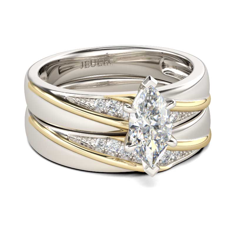 Diagonal Yellow Gold Marquise Cut Wedding Ring Sets for Women