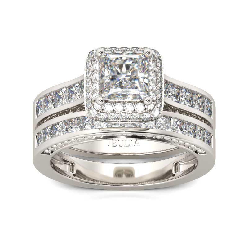 Jeulia Double Halo Princess Cut Sterling Silver Ring Set
