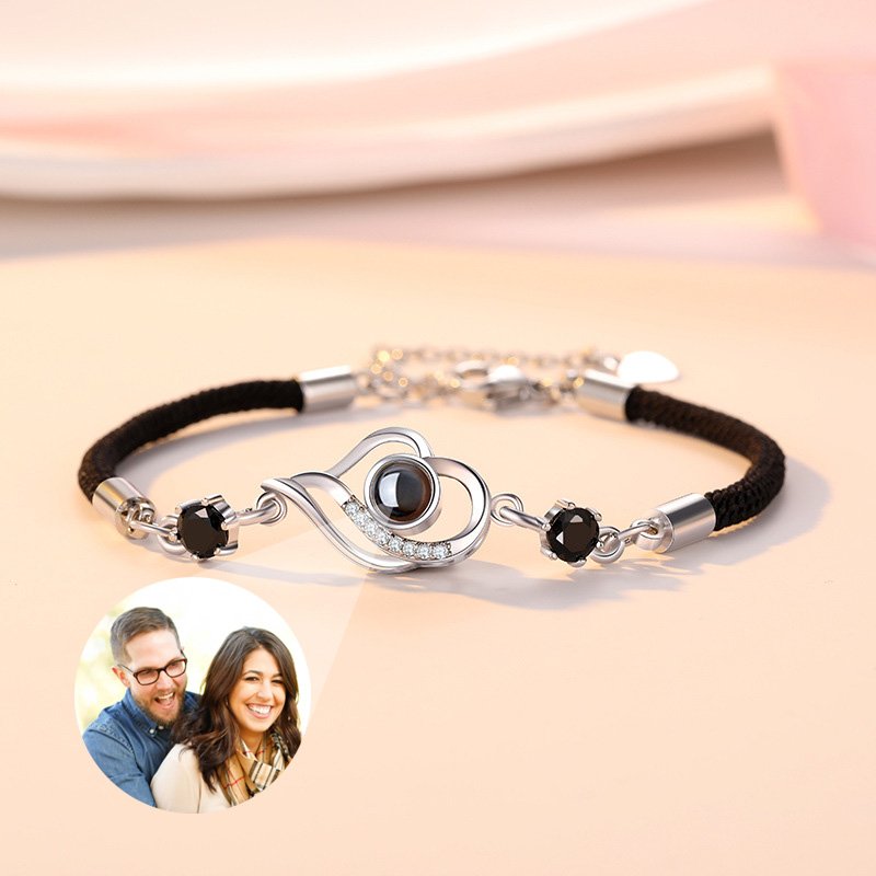 Personalized Photo Projection Bracelet with Black Cord-Asymmetric Heart Shape