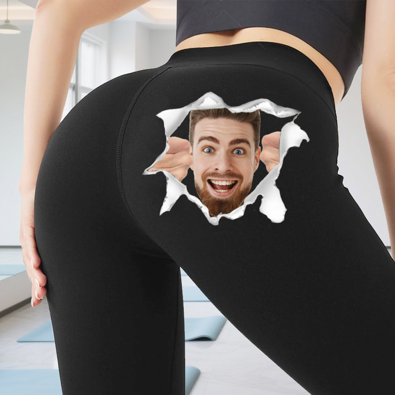 Leggings personalizados con foto de cabeza personalizada, diseño divertido con patrón de grietas, regalo creativo para sus amantes