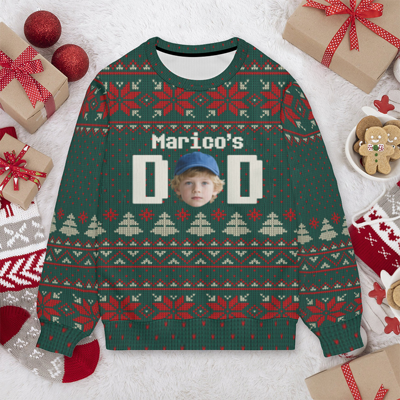 Personlig ful tröja unisex med anpassat huvudfoto och festivalmönster Design Julklapp till pappa Familj