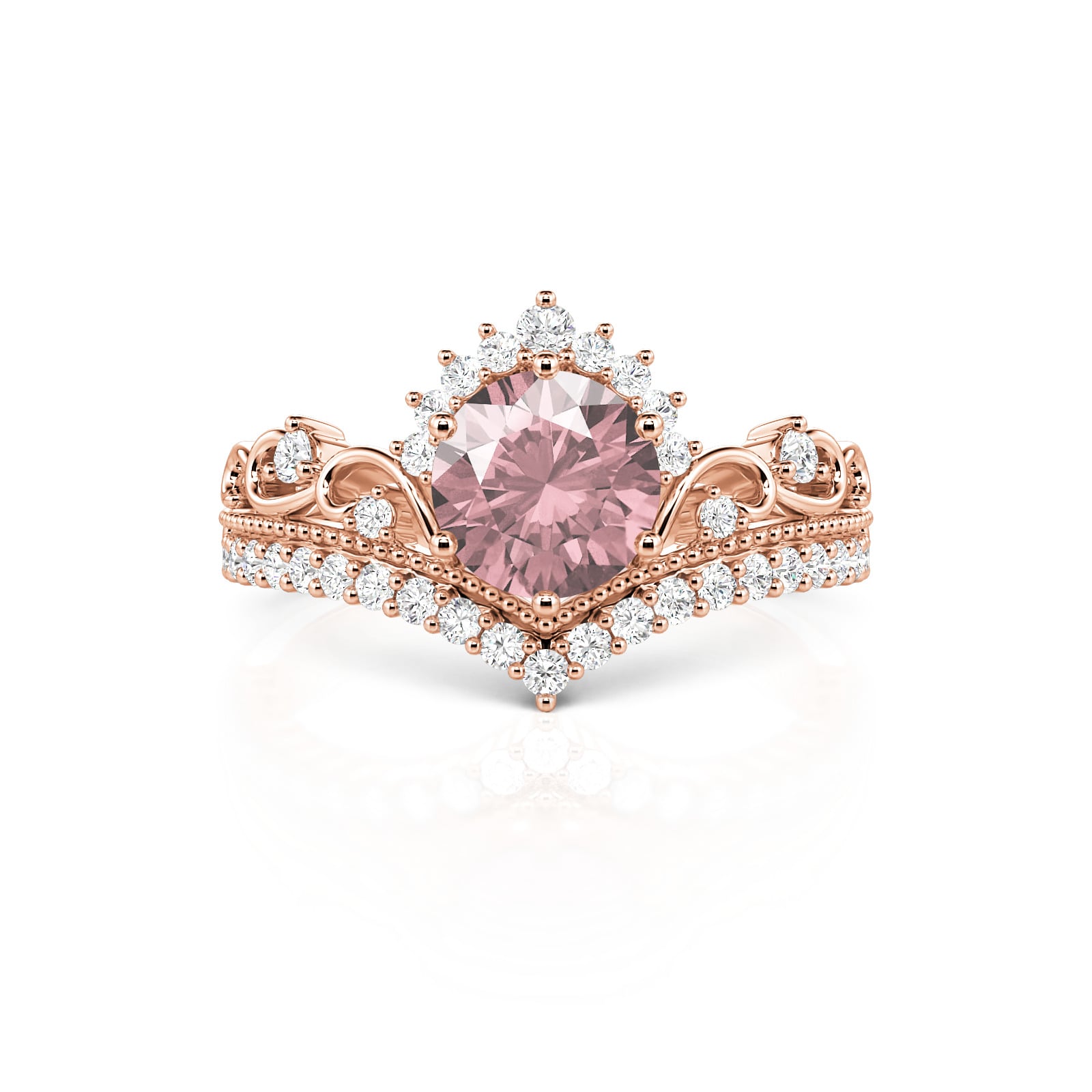 Crown Round Cut Morganite Rings with Fancy Pink Stone - Rings for Women