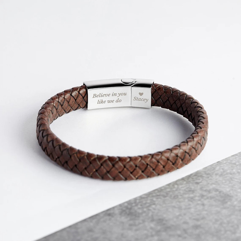 Personalized Braided Leather Men's Bracelet Custom Engraving For Boyfriend