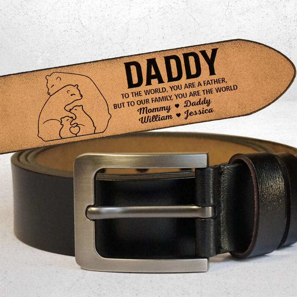 "Bear Family Dad You Are the World" Personalized Engraved Leather Belt for Daddy