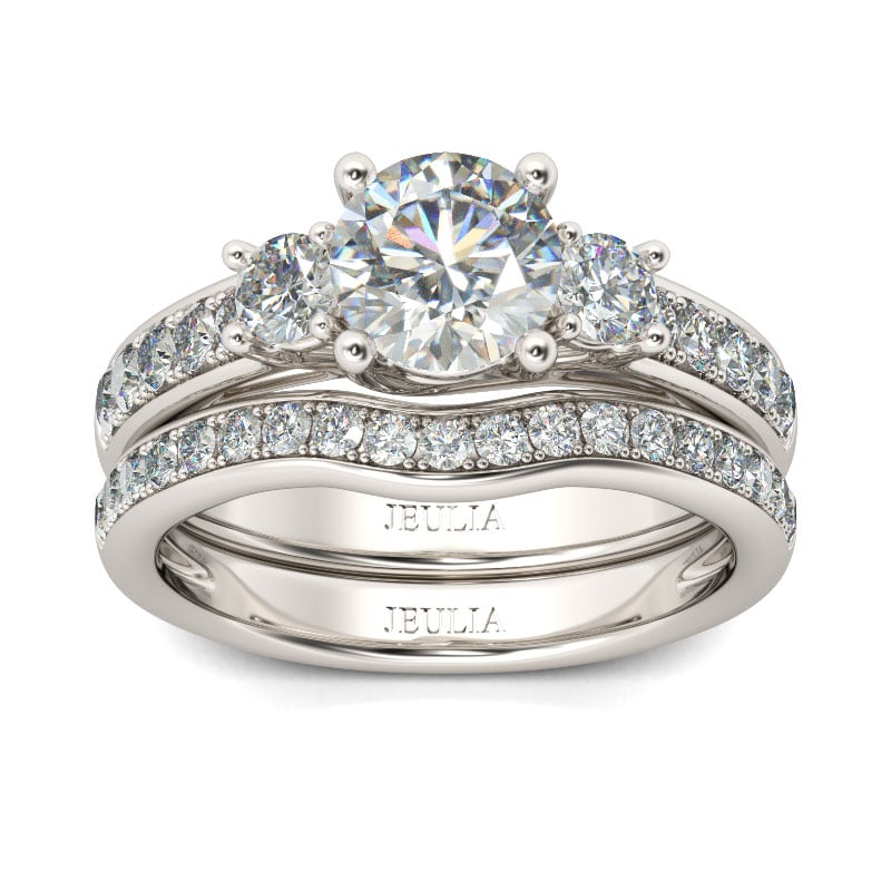 Classic 3 Stone Round Cut Wedding Ring Set Sterling Silver Bridal Set