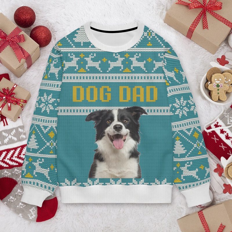 Gepersonaliseerde lelijke trui Unisex Op maat gemaakt met foto van huisdier Blauw argylepatroonontwerp Kerstcadeau voor dierenliefhebbers