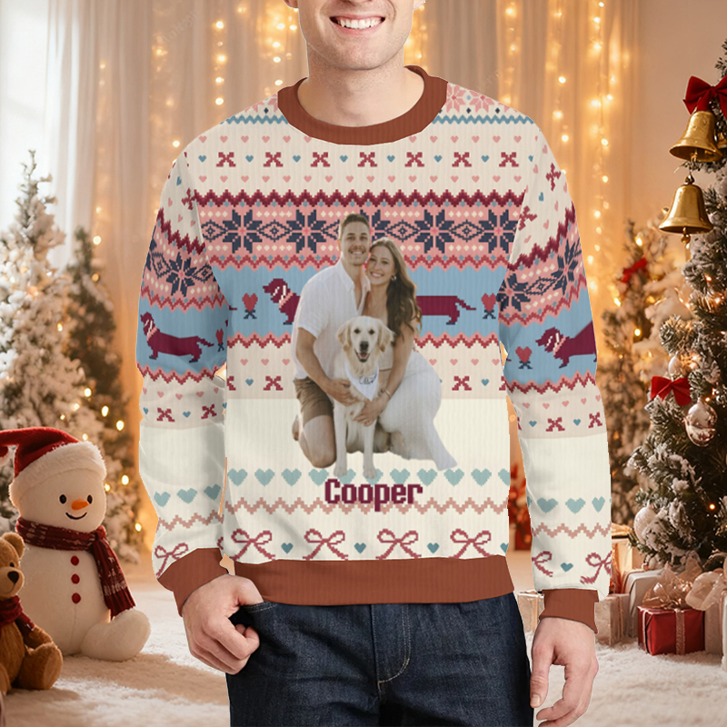 Personalized Ugly Sweater Unisex Custom Photo Dachshund Cute Pattern Design Christmas Gift for Pet Lovers