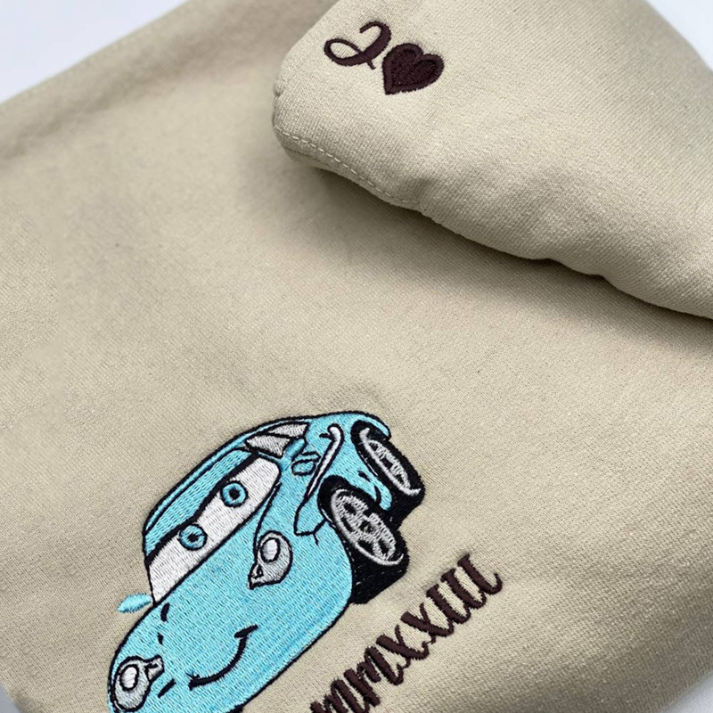 Personalized Hoodie Embroidered Cars Mcqueen and Sally with Custom Roman Numeral Date for Couple's Anniversary