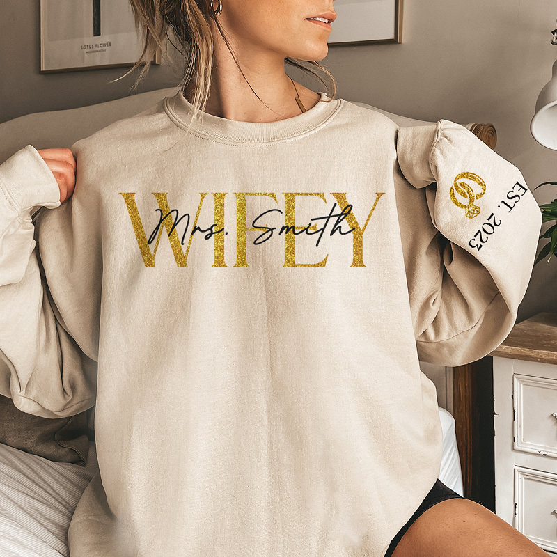 Personalized Sweatshirt Wifey and Diamond Ring with Custom Name Design Unique Gift for Couples