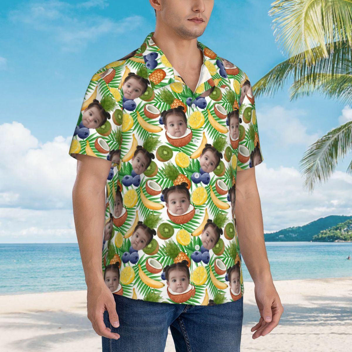 Personalized Hawaiian Shirt Fruit Print Kids Face Short Sleeve Gift for Dad