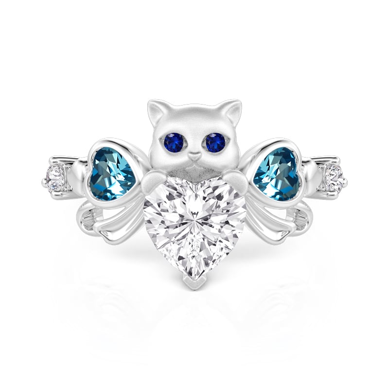 Jeulia Cute Cat Bowknot Heart Ring Sterling Silver