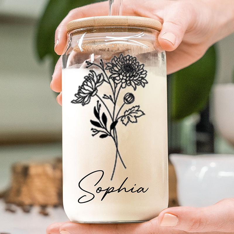 Personalized Birth Flower Glass Cup with Lid And Straw Best Gift for Wife "Queens"