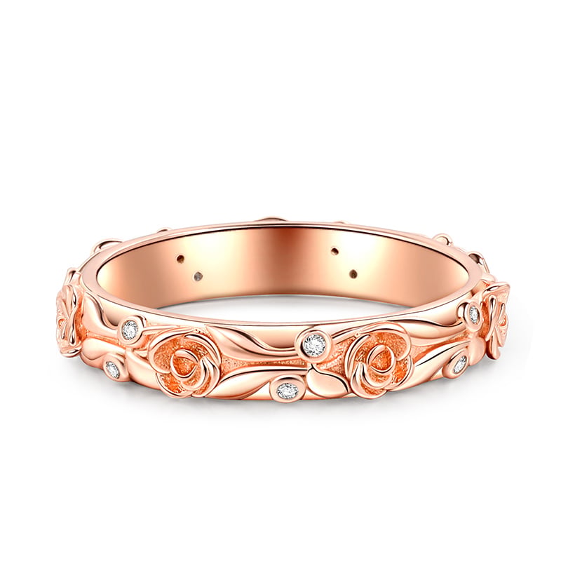 Jeulia Rose and Leaf Carved Unique Sterling Silver Women's Band