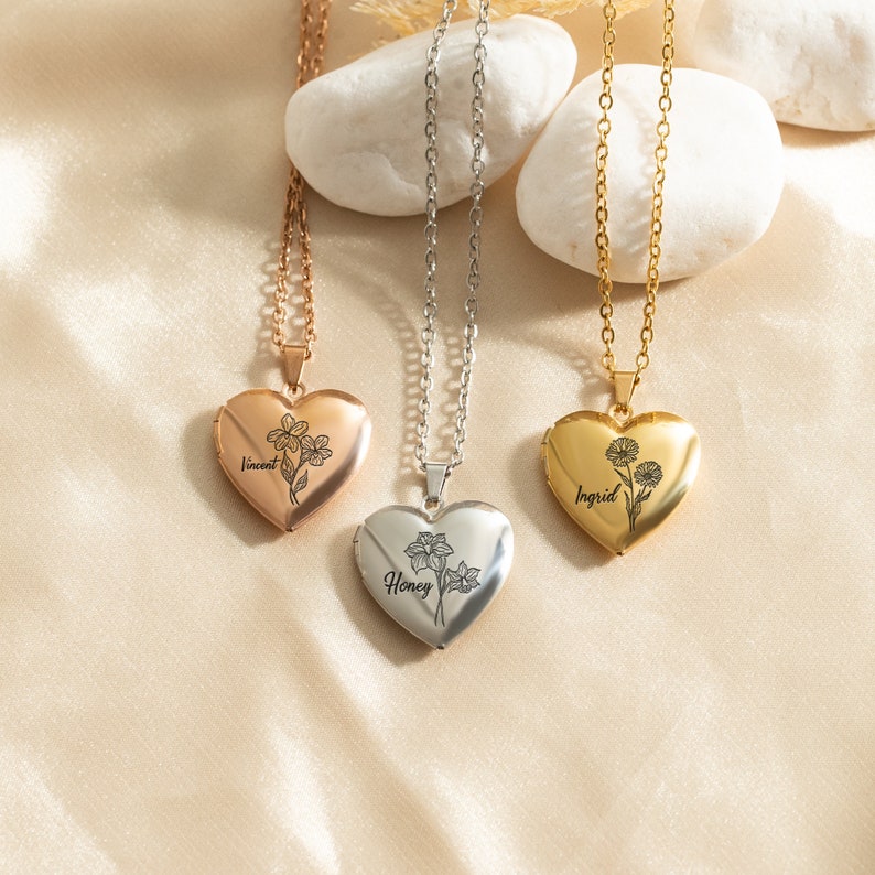 Personalized Heart-Shaped Photo Necklace With Birthday Flower Exquisite Birthday Gift