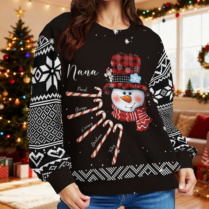 Personalized Ugly Sweater Unisex Nana Snowman Custom Kids Candy Design Cute Christmas Gift for Her Family