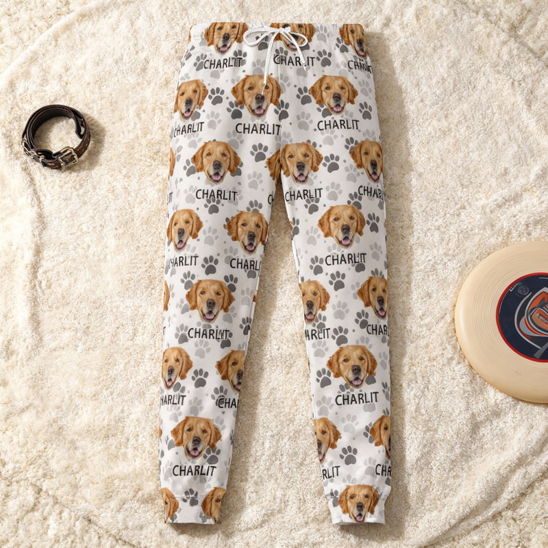 Pantalón deportivo unisex personalizado con diseño de huellas de mascotas y foto de mascota. Regalo ideal para amantes de los animales.