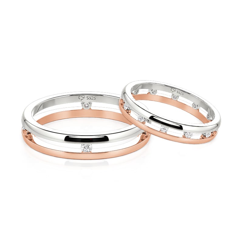 Jeulia Two Tone Double Band Couple Ring Set with Stone
