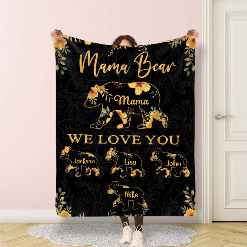 Personalized Name Blanket with Bear Pattern Warm Gift for Mother