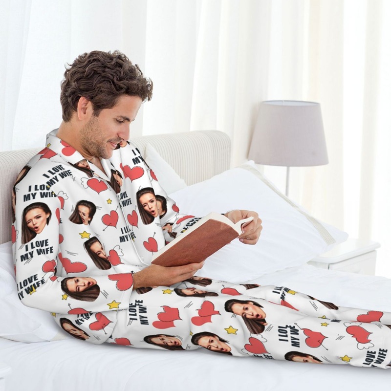 Personalized Pajamas Custom Face Photo I Love You Cute Hearts Design Perfect Gift for Couples