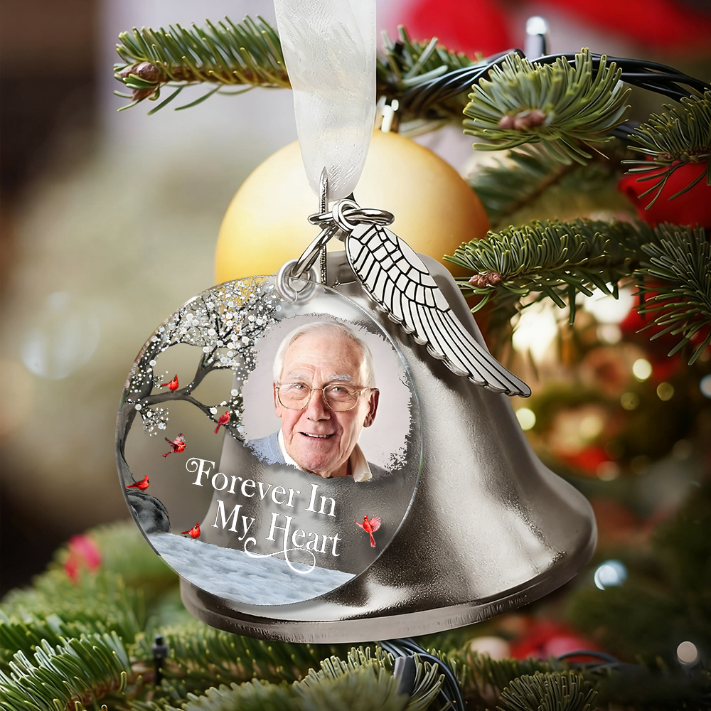 Personalized Picture Bell Ornament with Birds Pattern Memorial Gift for Christmas