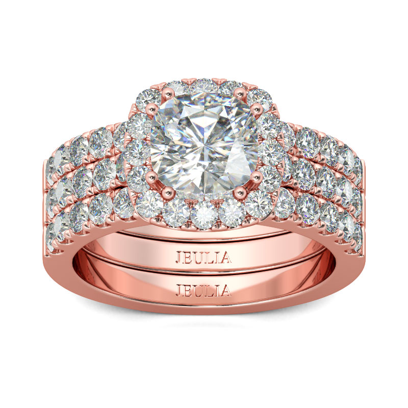Jeulia 3PC Rose Gold Tone Halo Cushion Cut Sterling Silver Ring Set