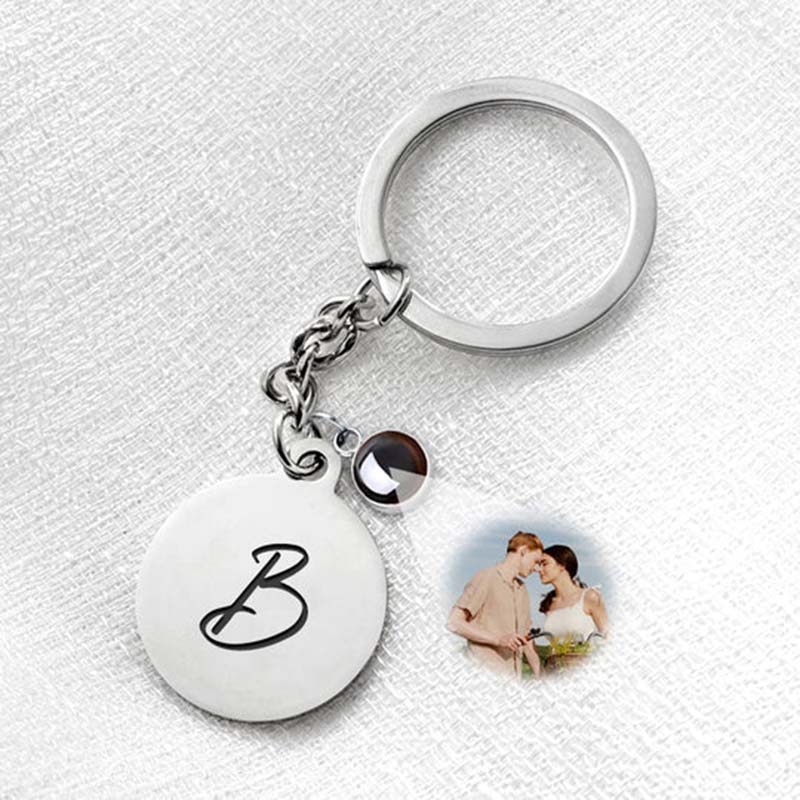 Custom Photo Projection Keychain, Initials Engraved Disc Keychain