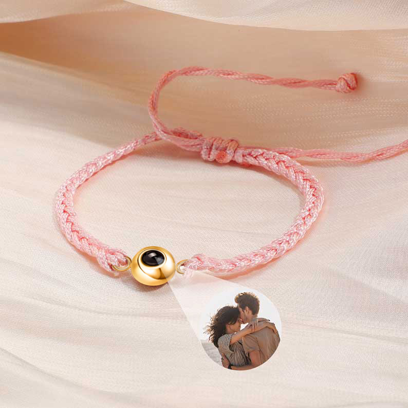 Bracelet Projecteur Photo Cercle Personnalisé pour Femmes et Hommes Argenté avec Corde Rose
