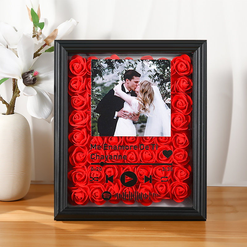 Custom Dried Flower Shadow Box With Personalized Spotify Code And Photo Gift for Wedding