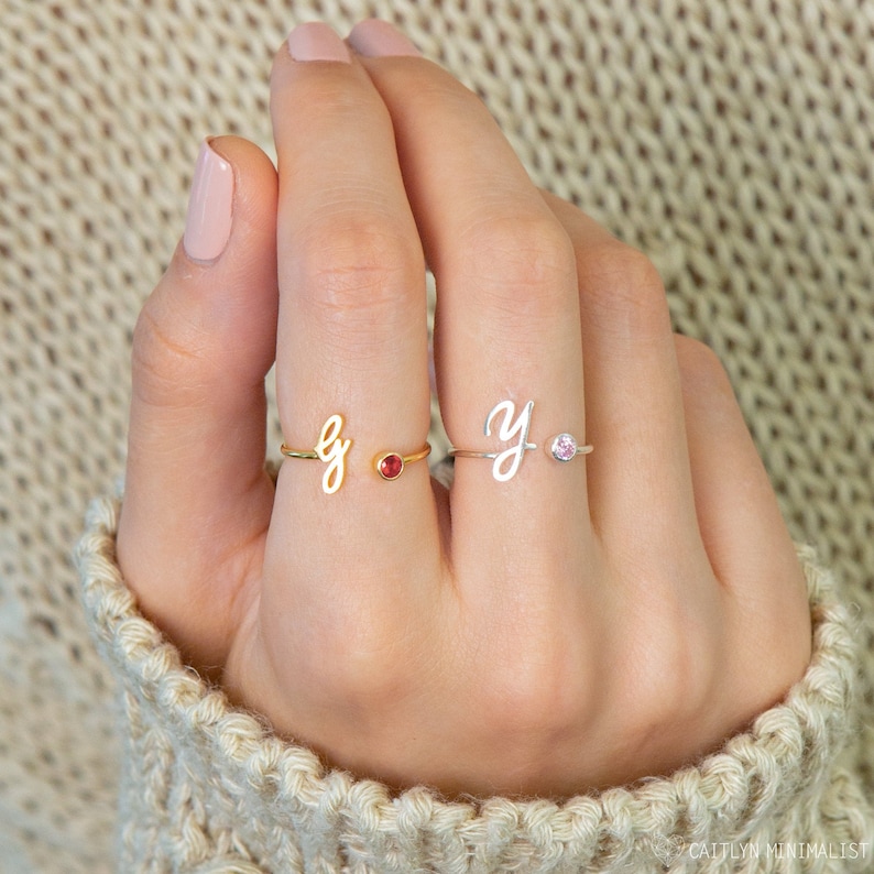 Personalized Letter Ring With Birthstone Beautiful Gift For Her