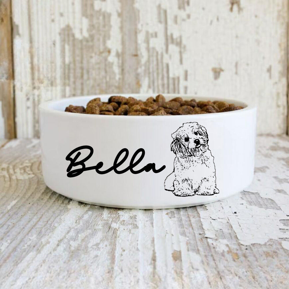 Personalized Pet Bowl With Custom Name And Sketch Photo Warm Gift For Cute Pets