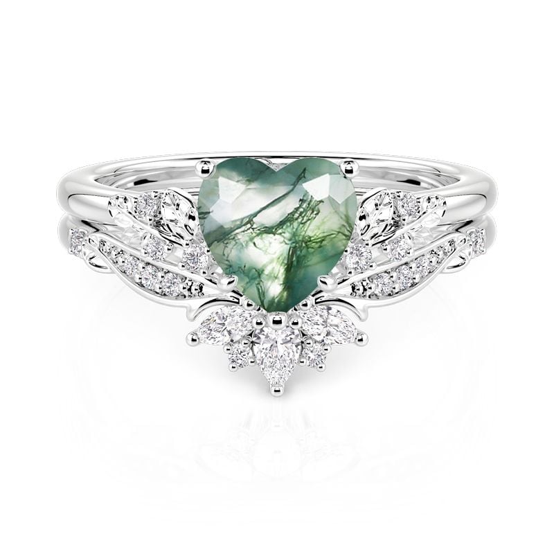 Jeulia Leaf Design Heart Cut Moss Agate Engagement Ring Set