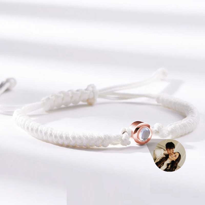 Bracciale con Proiezione di Foto Dentro Corda Bianca e Perlina Argento Sterling