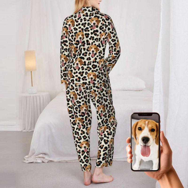 Pijama personalizado con foto de mascota personalizada, estampado de leopardo, diseño elegante, regalo perfecto para su familia