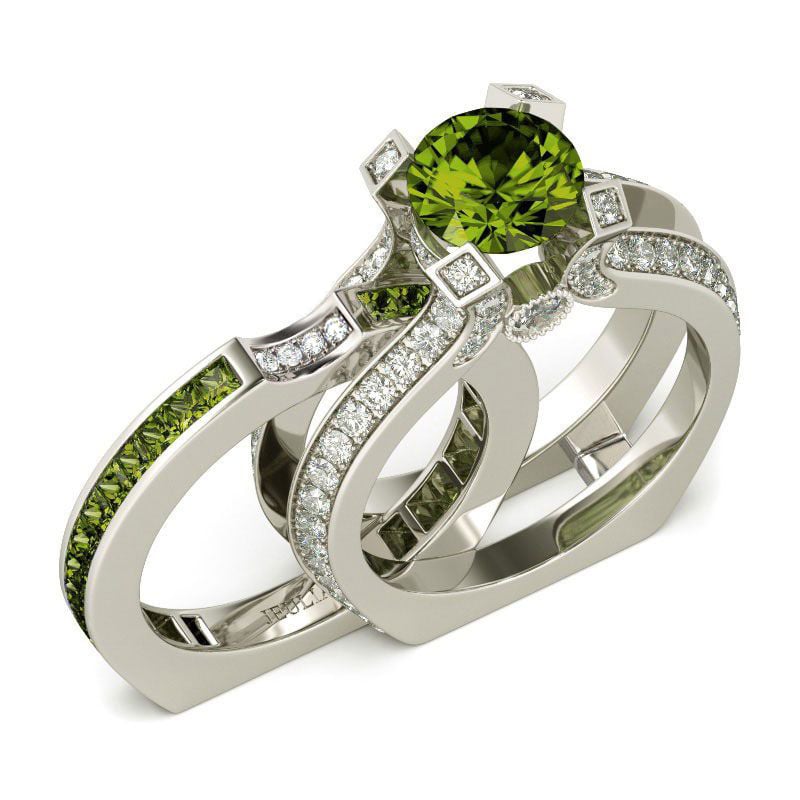 Sparkling Peridot Green Interchangeable Round Cut Wedding Ring Set Sterling Silver Bridal Set