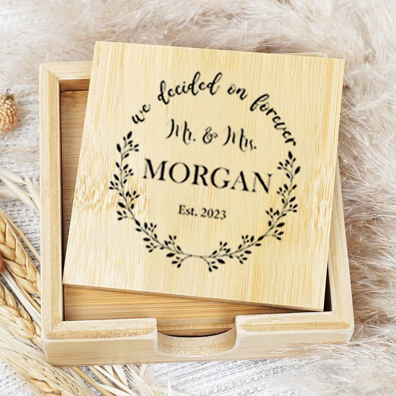 Personalized Coaster Set with Four Custom Coasters and One Storage Box Beautiful Wood Design for Her