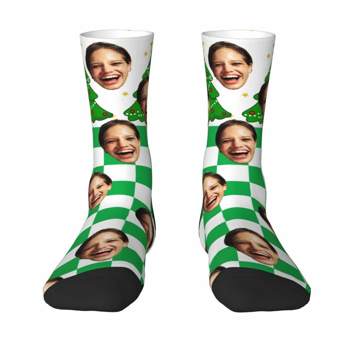 Customized Face Socks Green Plaid Christmas Tree Pattern Socks Gifts for Friends