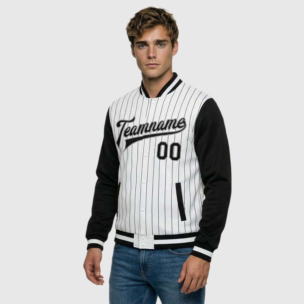 Custom White Black Pinstripe Full-Snap Varsity Letterman Jacket Perfect for Vintage-Themed Flea Markets and Casual Shopping