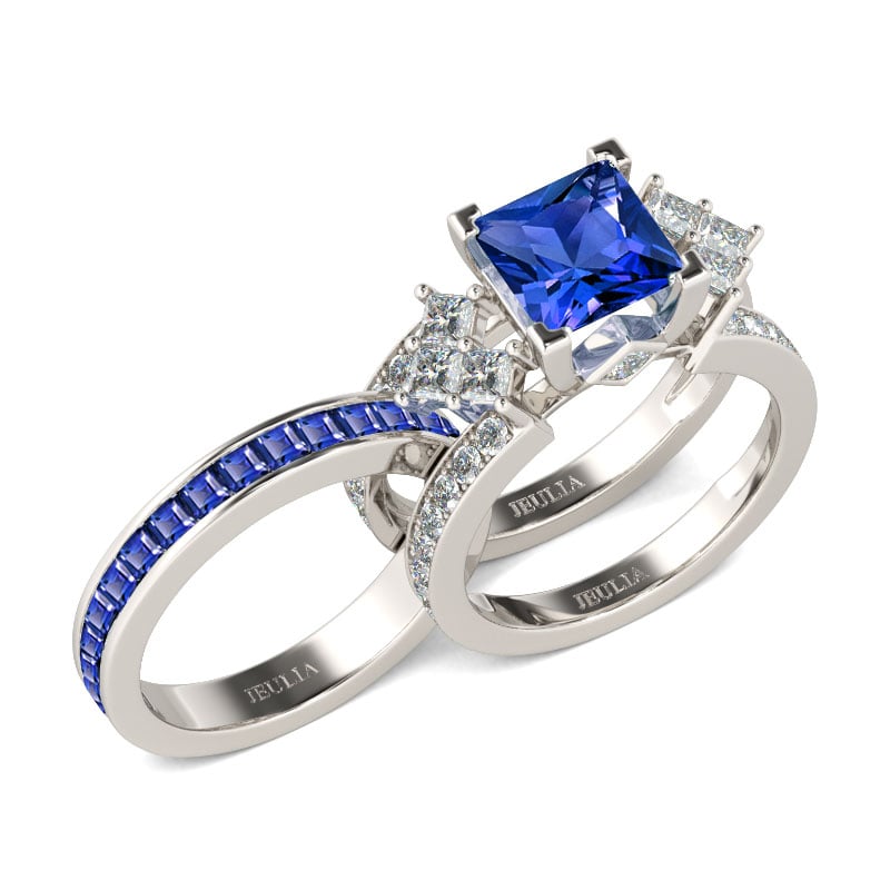 Sapphire Princess Cut Sterling Silver Wedding Ring Sets